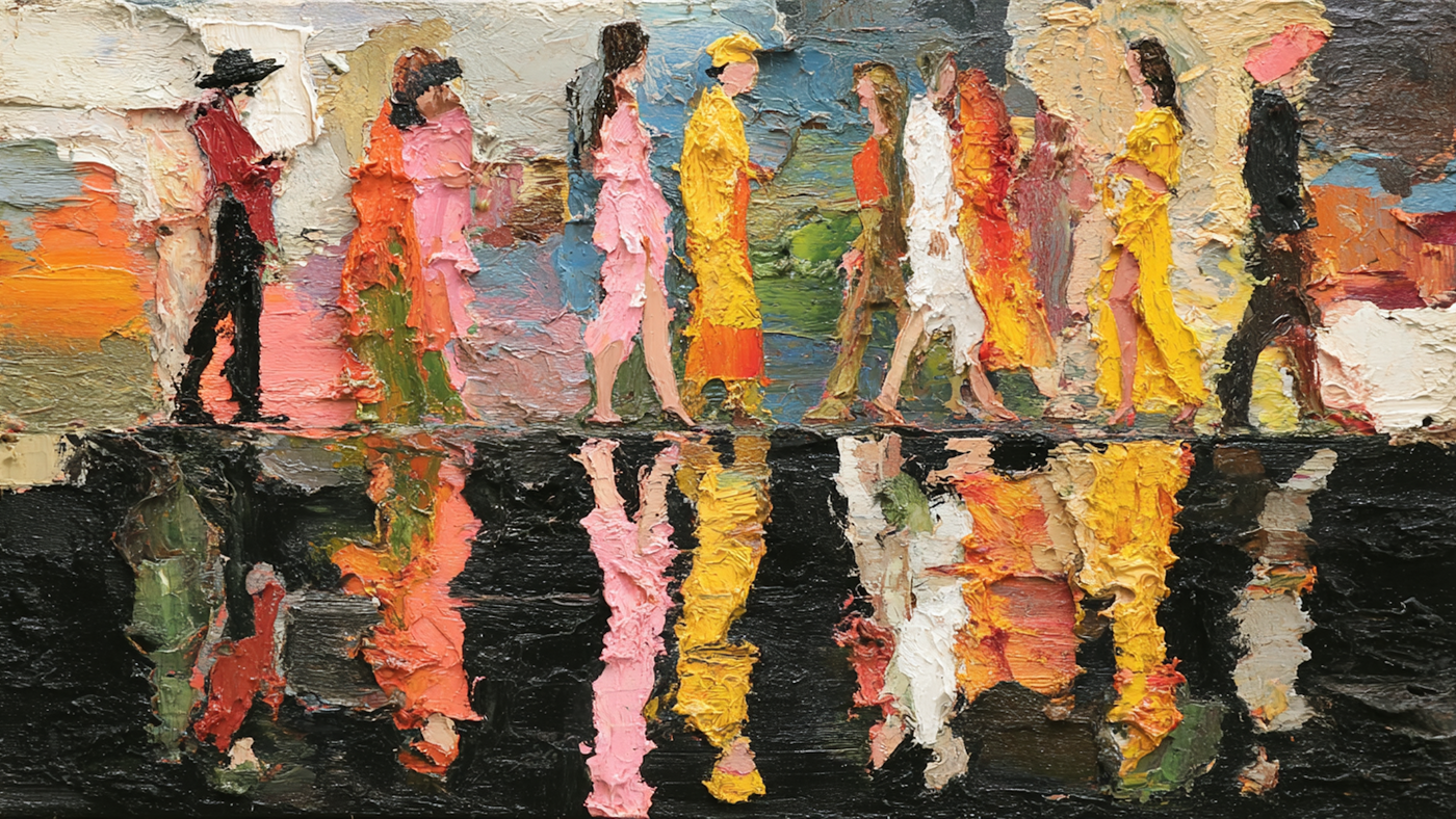 Morning Crowd expressionist scene displayed on Samsung Frame TV - 4K digital download featuring Baselitz-inspired city commuters