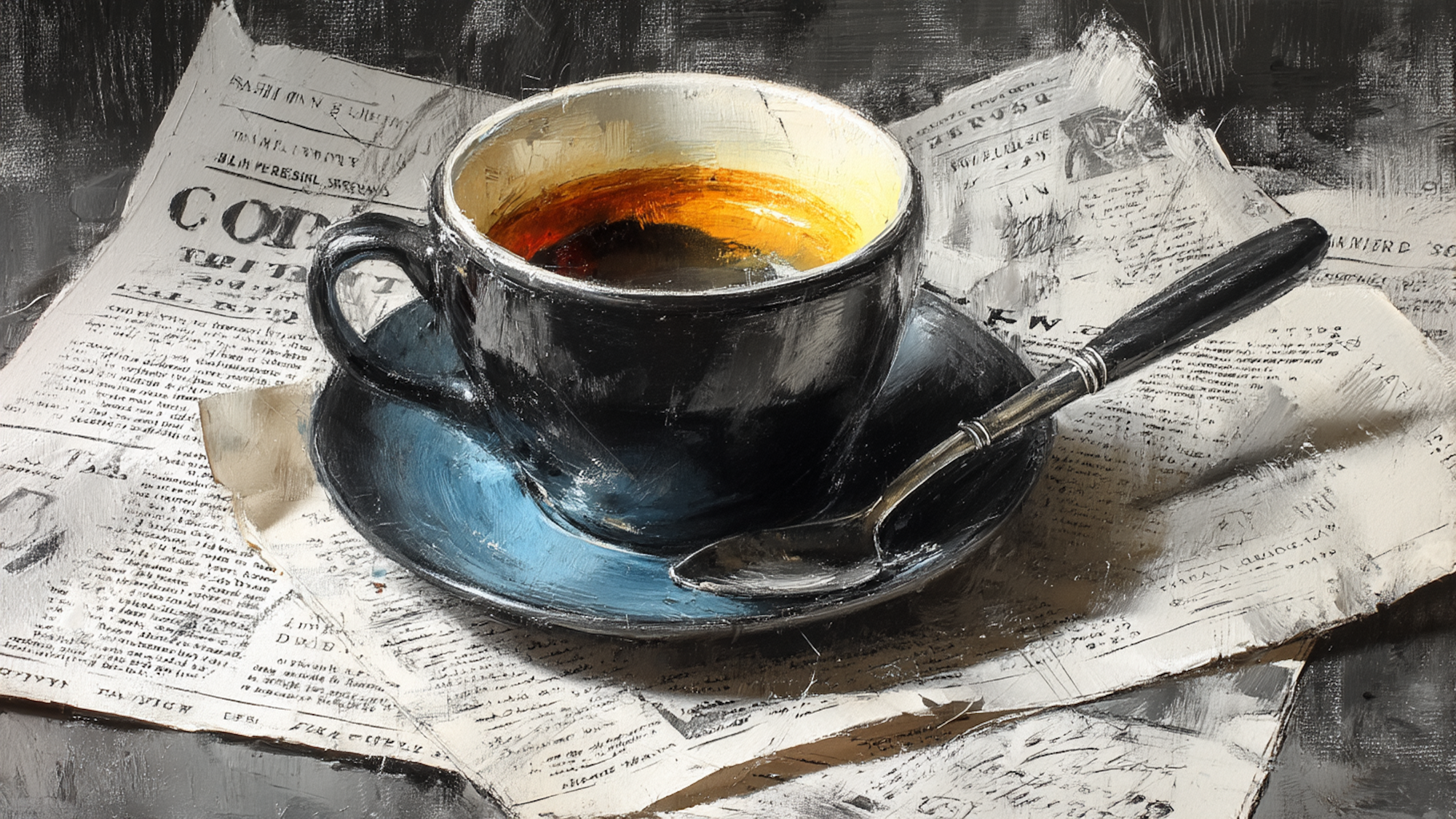 Black and white photograph of coffee cup on newspaper creating sophisticated editorial still life with dramatic shadows