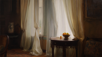 Classical still life with morning light filtering through curtains onto citrus fruits and draped fabric – digital art for Samsung Frame TV
