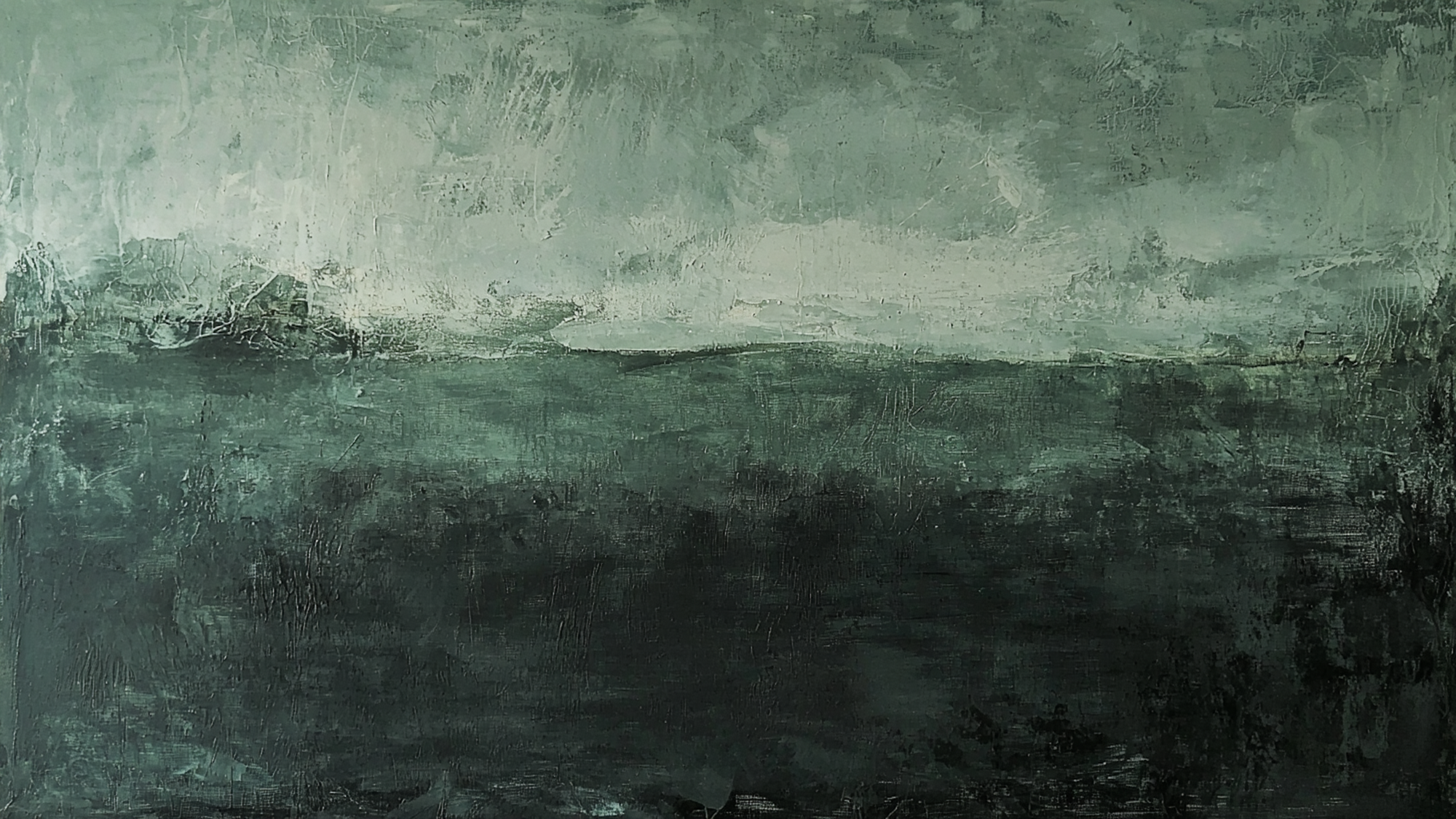 Misty green horizon in painterly strokes – moody abstract landscape for Samsung Frame TV