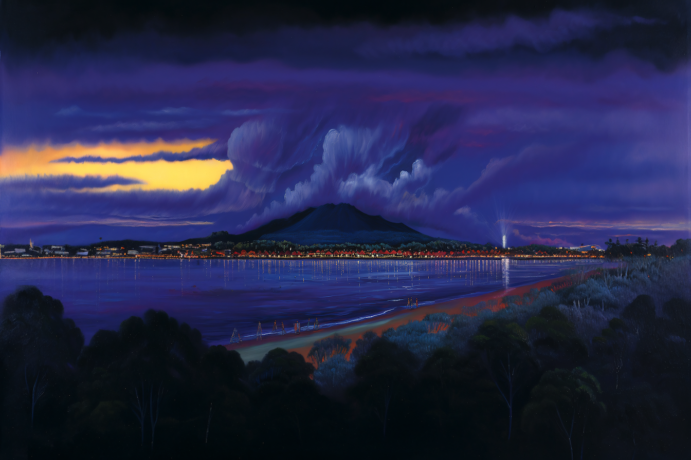 Mesmerizing Mount Kelud nightscape with deep purples, golden light, and dramatic clouds – digital art for Samsung Frame TV