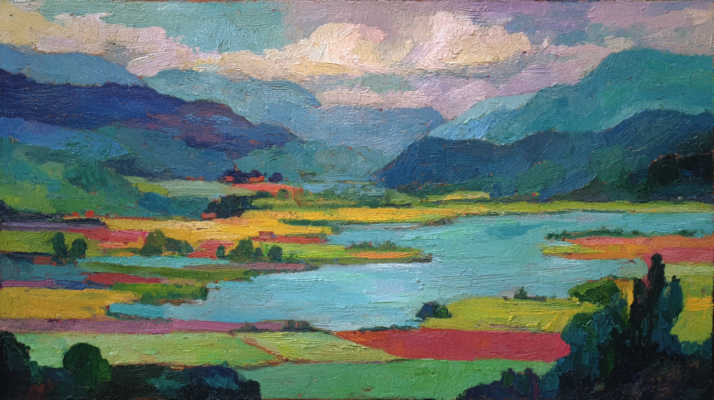 Mountain Meadows scenic landscape artwork displayed on Samsung Frame TV showing mountain vista with meadows in blue and turquoise atmospheric tones