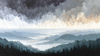 Mountain Mist atmospheric landscape art displayed on Samsung Frame TV - 4K digital download featuring ink and charcoal gray mountain peaks with soft white mist layers