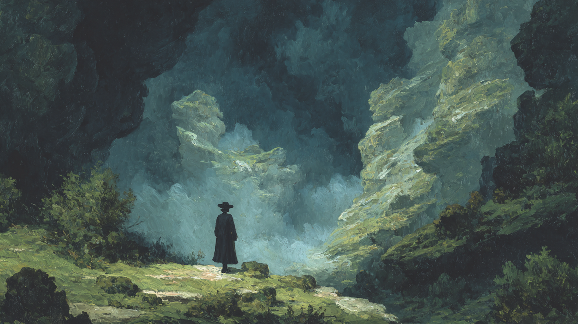 Mountain Sanctuary moody landscape art displayed on Samsung Frame TV - 4K digital download featuring sage green eucalyptus trees ink black charcoal gray stormy sky mountain wilderness with solitary figure