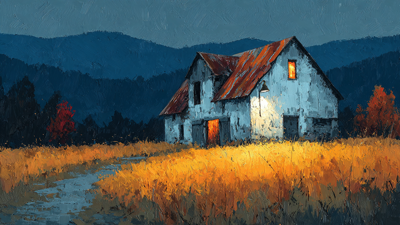 Mountain Village Dusk digital artwork for Frame TV & CanvasTV shown in modern living room interior - alpine landscape 4K art with jewel and velvet color palette