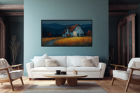 Mountain Village Dusk digital artwork for Frame TV & CanvasTV shown in modern living room interior - alpine landscape 4K art with jewel and velvet color palette