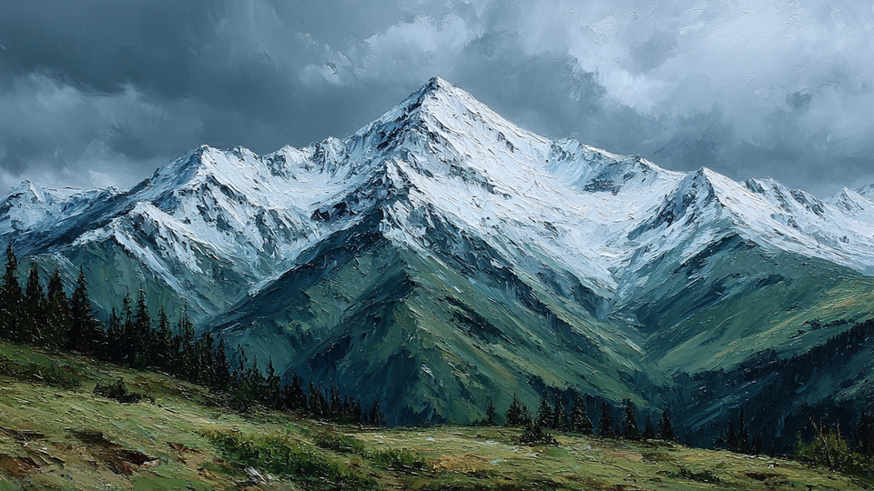 Alpine Solitude snow-capped mountain landscape displayed on Samsung Frame TV - 4K digital download featuring moody peaks in sage and eucalyptus green and gray palette