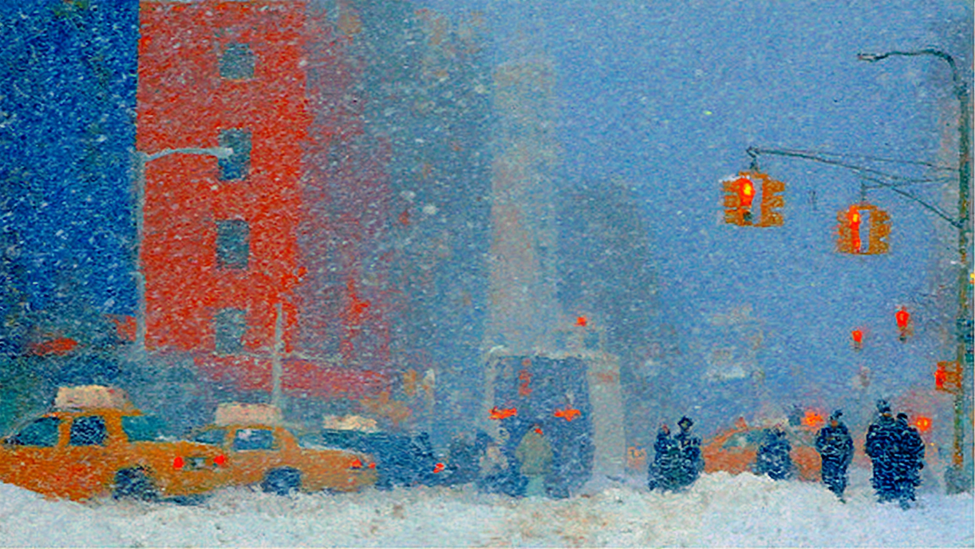 NYC Snowfall Symphony urban scene displayed on Samsung Frame TV - 4K digital download featuring Manhattan brownstones and skyscrapers with crowds in falling snow
