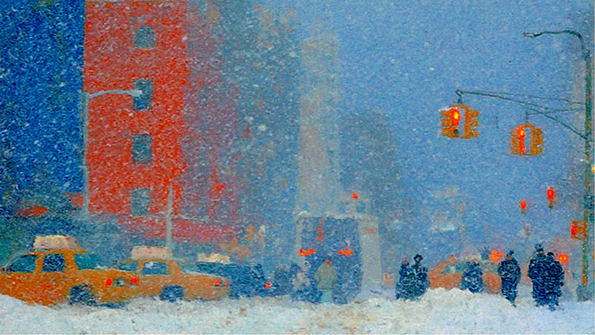 NYC Snowfall Symphony urban scene displayed on Samsung Frame TV - 4K digital download featuring Manhattan brownstones and skyscrapers with crowds in falling snow