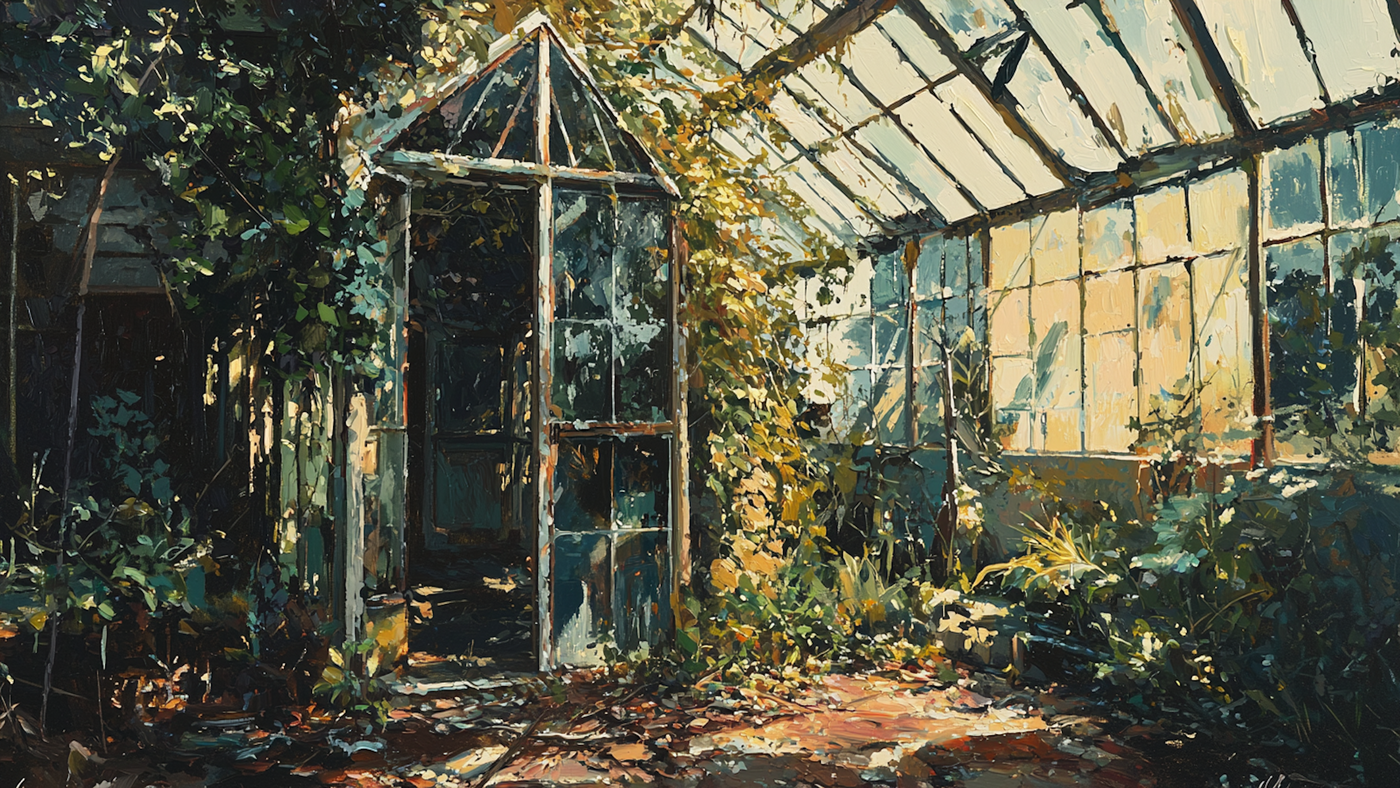 Abandoned Victorian greenhouse overgrown with nature in golden afternoon light – digital art for Samsung Frame TV