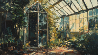 Abandoned Victorian greenhouse overgrown with nature in golden afternoon light – digital art for Samsung Frame TV