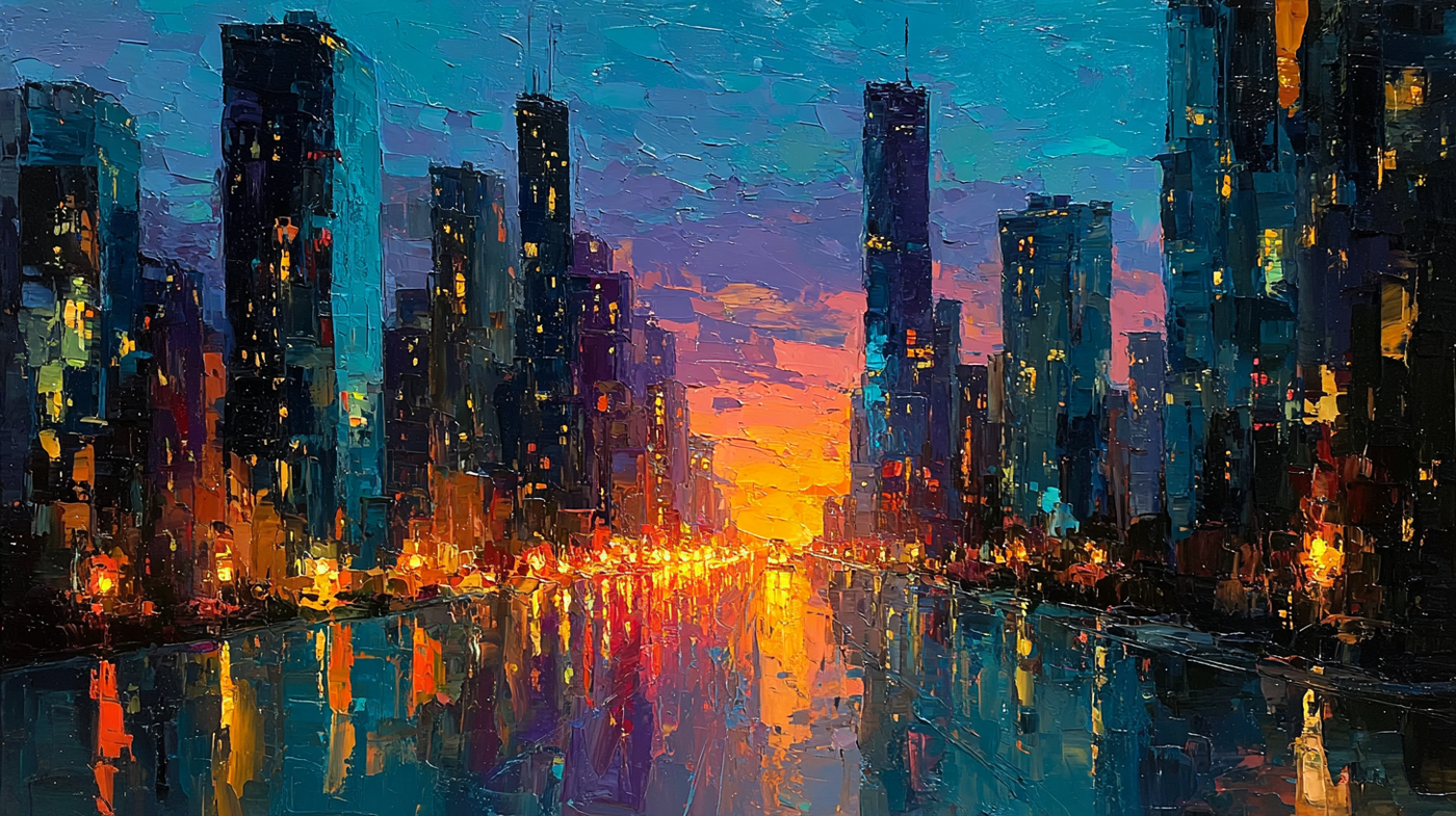 Neo-expressionist cityscape with electric blue towers and amber reflections on water at night – digital art for Samsung Frame TV