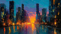 Neo-expressionist cityscape with electric blue towers and amber reflections on water at night – digital art for Samsung Frame TV