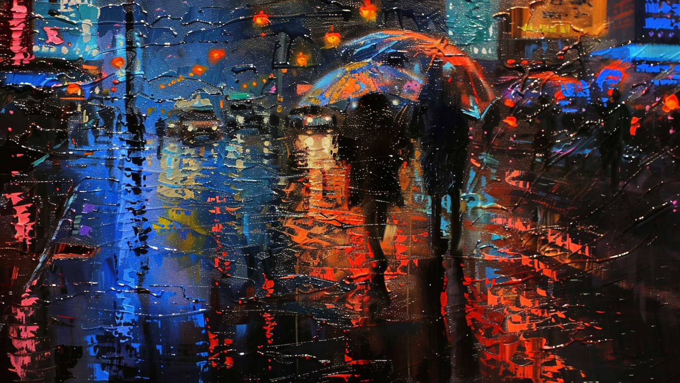 Moody rainy city street with neon reflections and umbrella silhouette – digital art for Samsung Frame TV