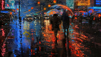 Moody rainy city street with neon reflections and umbrella silhouette – digital art for Samsung Frame TV