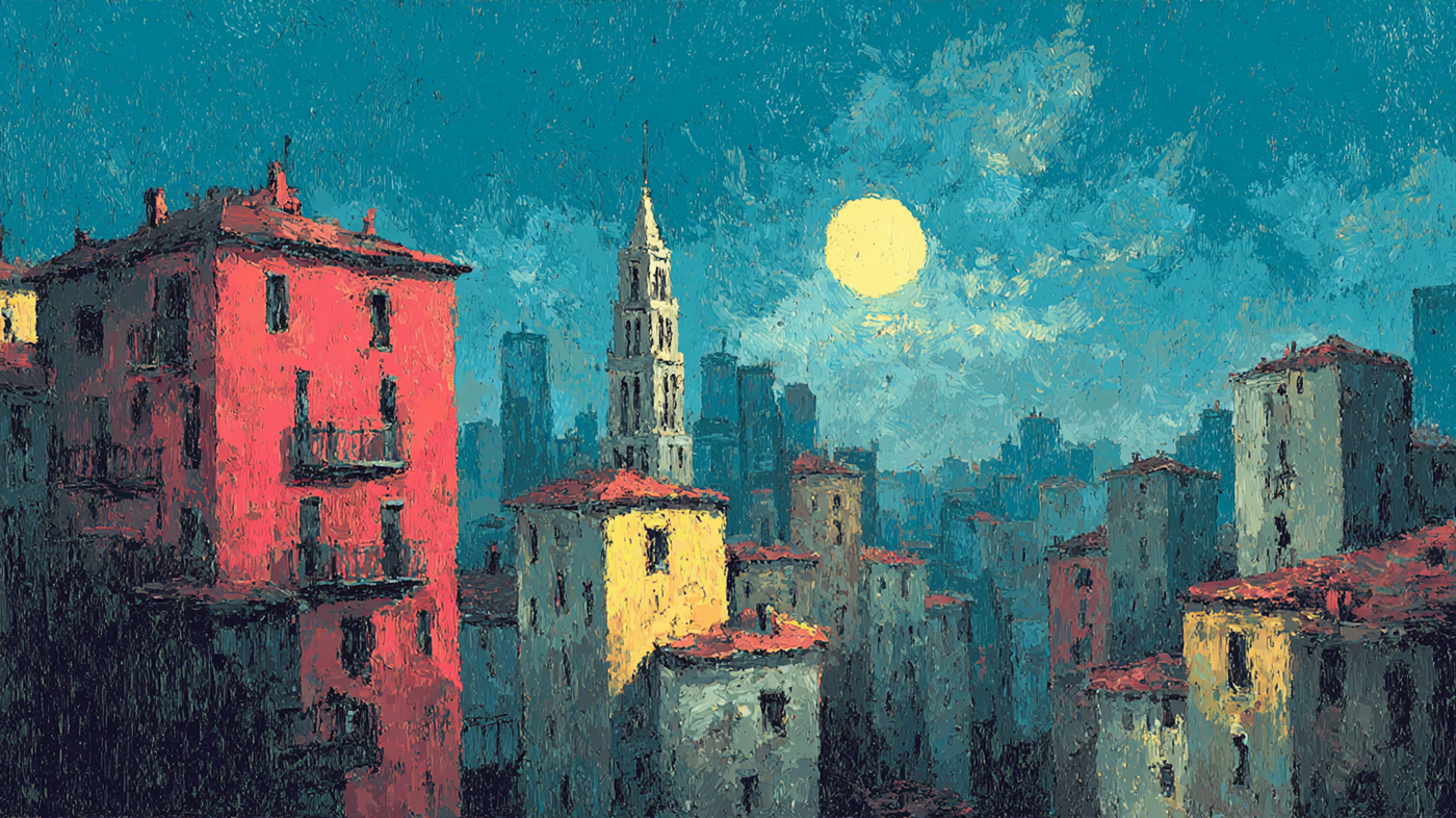 Neon Streets urban nightscape art displayed on Samsung Frame TV - 4K digital download featuring ocean blue night sky terracotta buildings citrus yellow moon Mediterranean city street scene