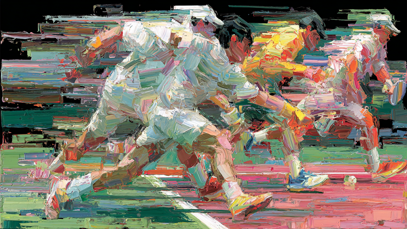 Night Rally tennis match displayed on Samsung Frame TV - 4K digital download featuring Hockney-inspired sports scene in blush and mauve palette