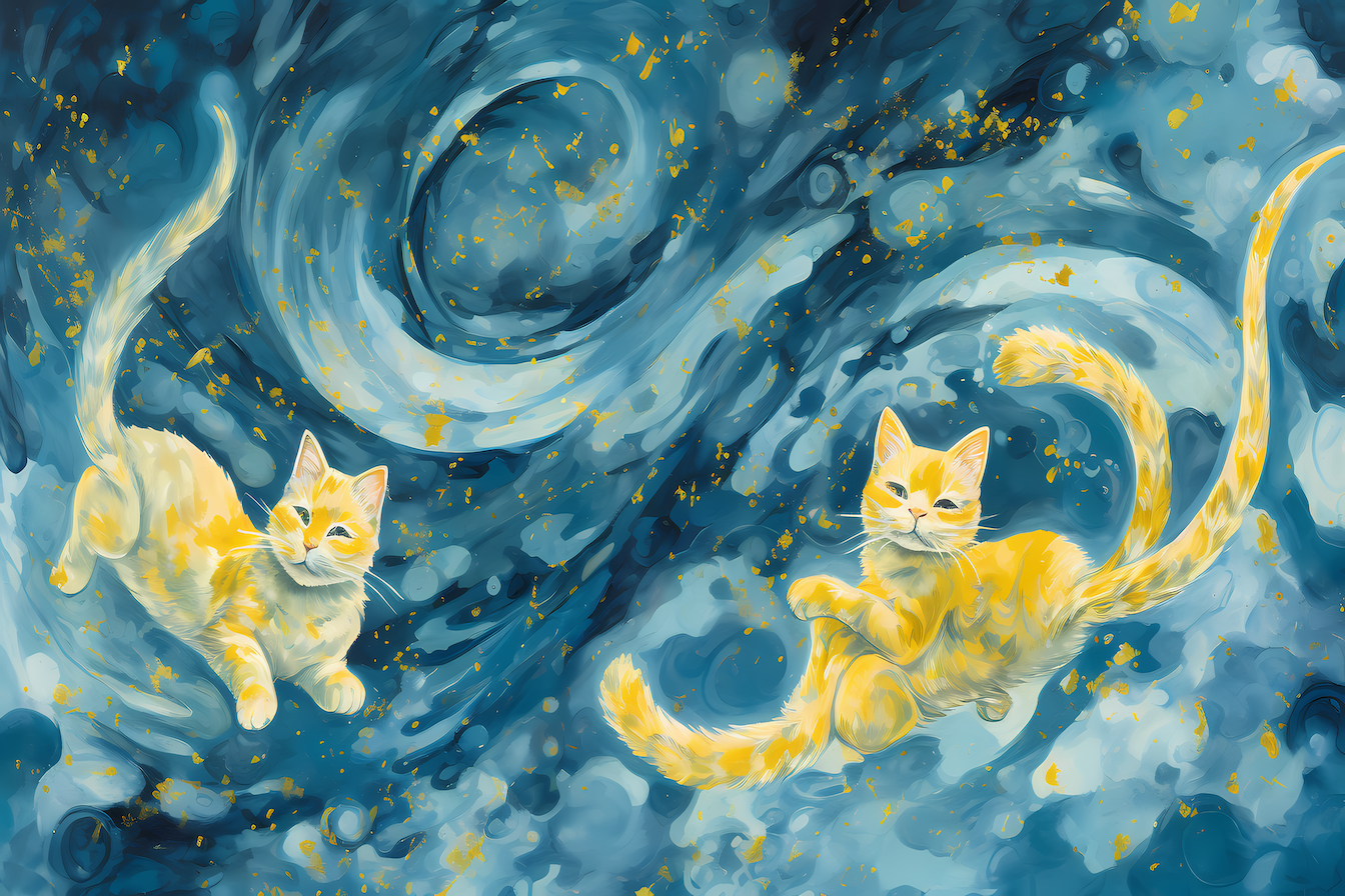 Golden cats floating through cosmic swirls in celestial dreamscape – whimsical digital artwork for Samsung Frame TV