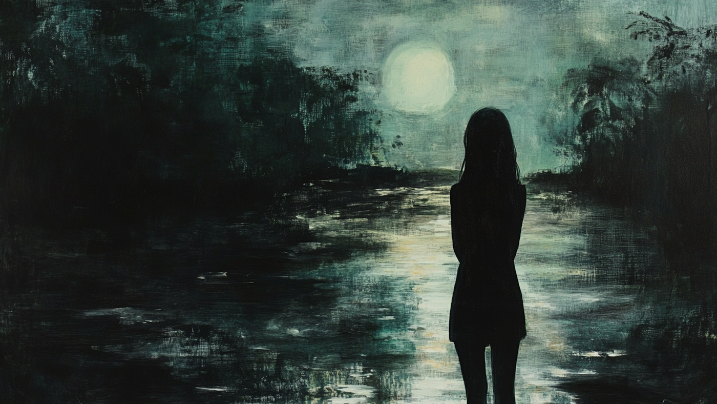 Nocturnal Wanderer contemplative landscape art displayed on Samsung Frame TV - 4K digital download featuring ink and charcoal with sage tones of solitary figure by moonlit lake