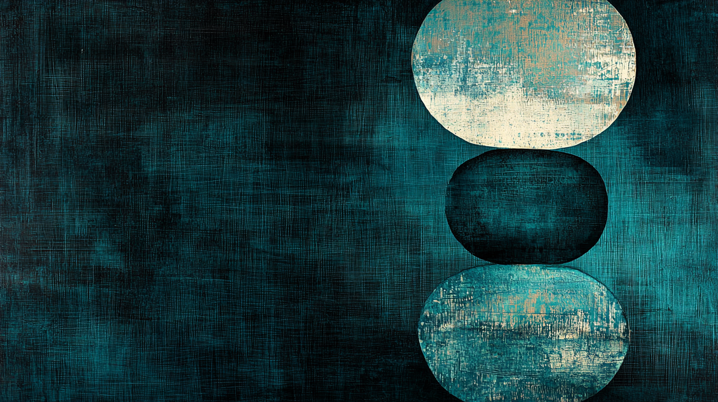 Zen-inspired stacked oval stones in weathered turquoise and cream tones on deep teal background – digital art for Samsung Frame TV