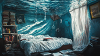 Surreal underwater bedroom with floating books and bottles in dreamy blue light – digital art for Samsung Frame TV