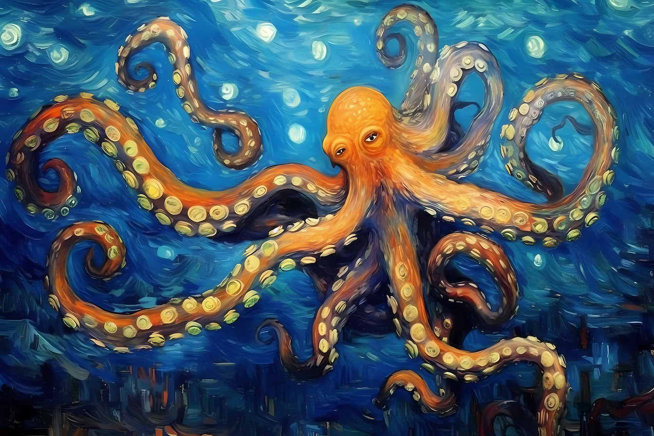 Mesmerizing deep-sea octopus painting with swirling brushstrokes and rich ocean blues – digital art for Samsung Frame TV