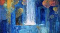 Abstract vertical waterfall sanctuary in azure blues with golden light accents and spiritual atmosphere – digital art for Samsung Frame TV