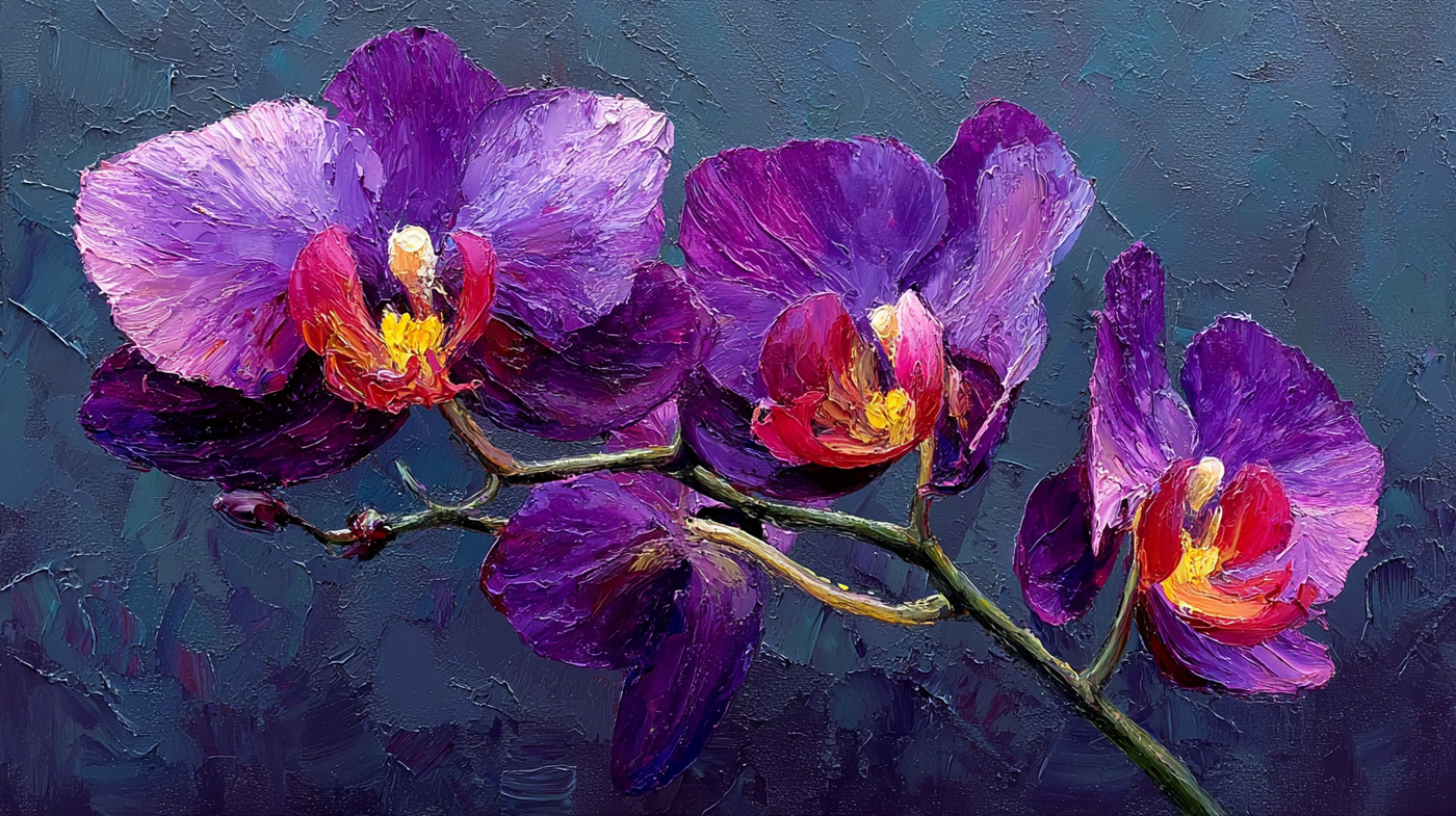 Orchid Nocturne dark floral art displayed on Samsung Frame TV - 4K digital download featuring magenta and purple orchids against pitch black background in Old Master style