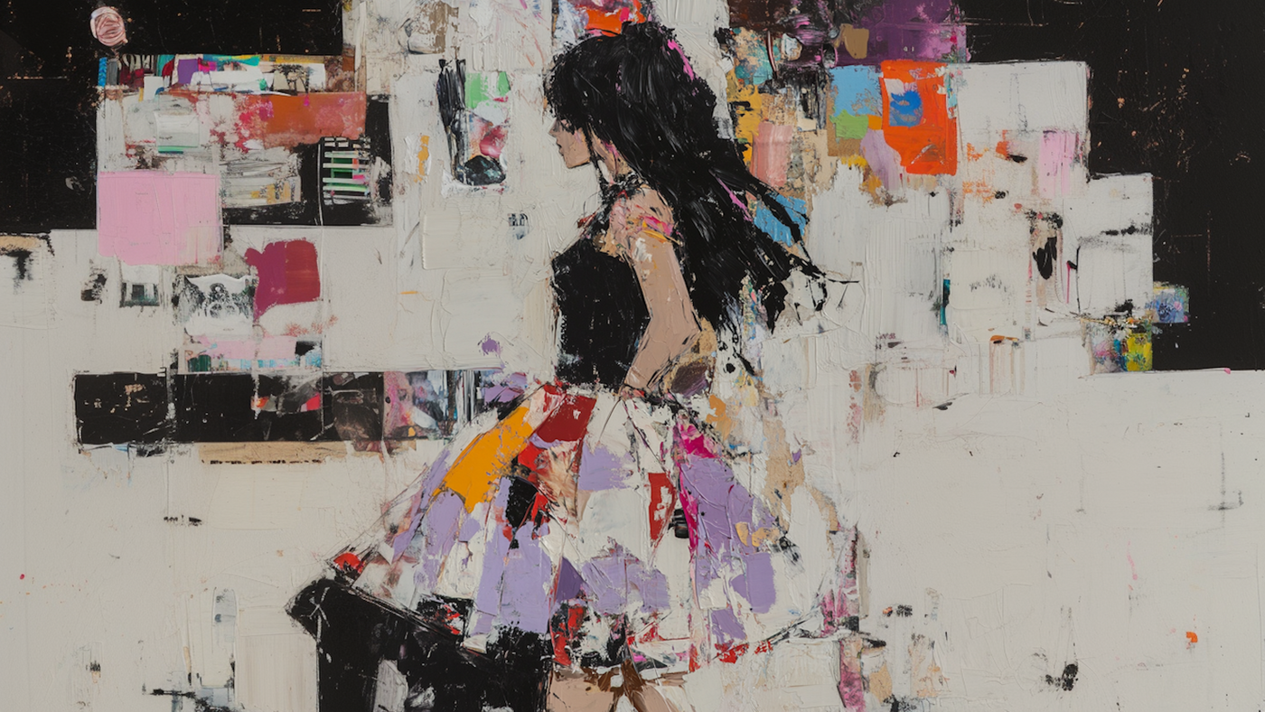 Textured silhouette in motion blending fashion and abstraction – 4K digital portrait for Samsung Frame TV