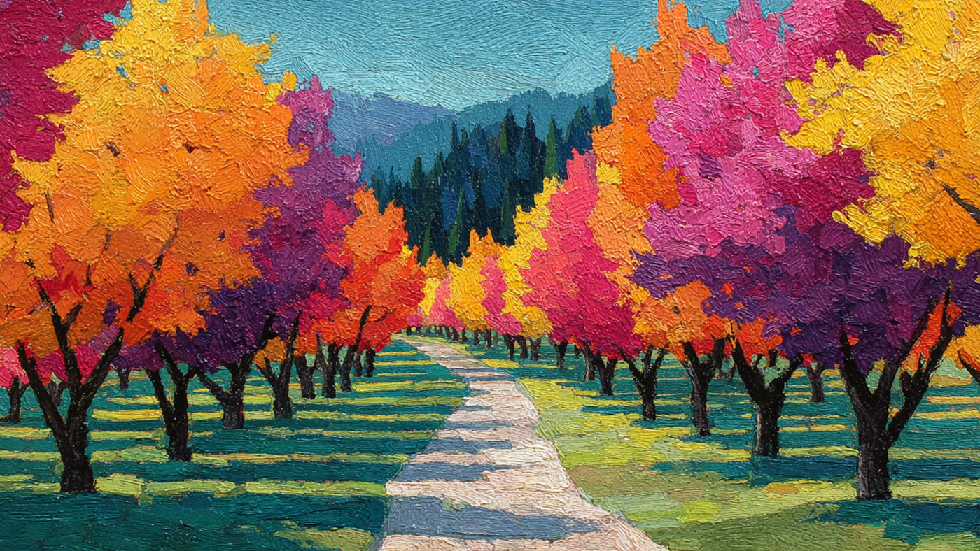 Painted Trees Avenue digital art displayed on Samsung Frame TV - 4K download featuring vibrant golden orange and jewel-toned pink and purple trees creating dramatic autumn pathway with blue mountains