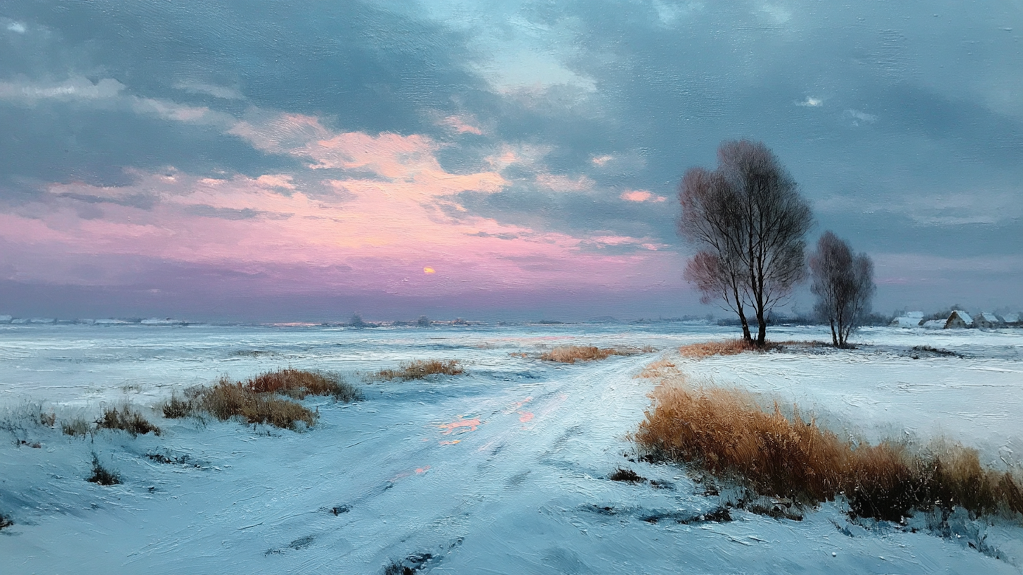 Pastel Dawn Meadow winter scene detail - sunrise landscape for Samsung Frame TV and HiSense CanvasTV featuring soft pink and lavender sky with lone tree silhouette