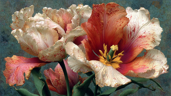 Petal Study in Soft Light floral art displayed on Samsung Frame TV - 4K digital download featuring elegant parrot tulips in coral cream and pink against deep teal background