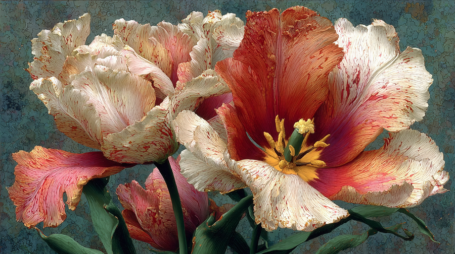 Petal Study in Soft Light floral art displayed on Samsung Frame TV - 4K digital download featuring elegant parrot tulips in coral cream and pink against deep teal background