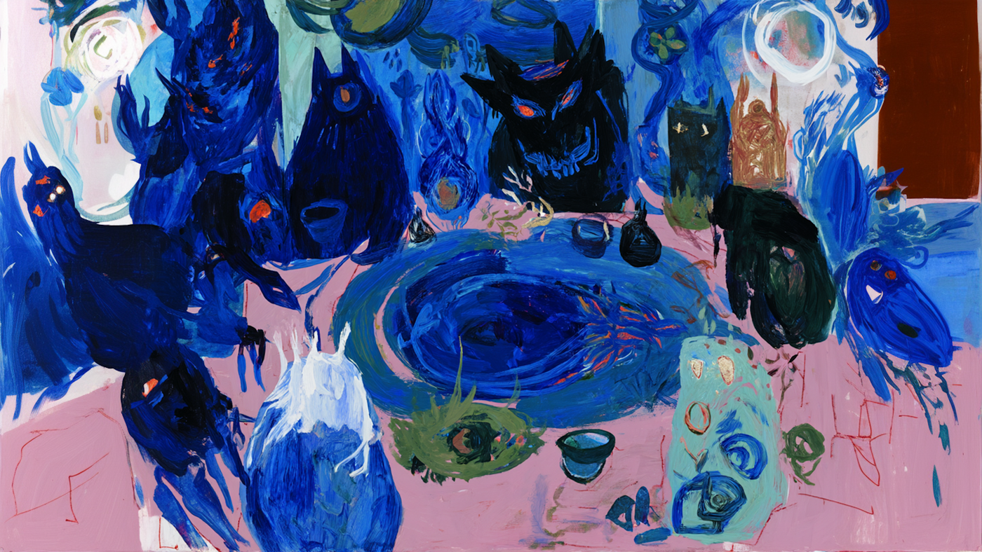 Phantom Banquet – Surreal digital painting of fantasy beasts at a dinner table in vivid blues and pinks, formatted in 4K PNG for Samsung Frame TV