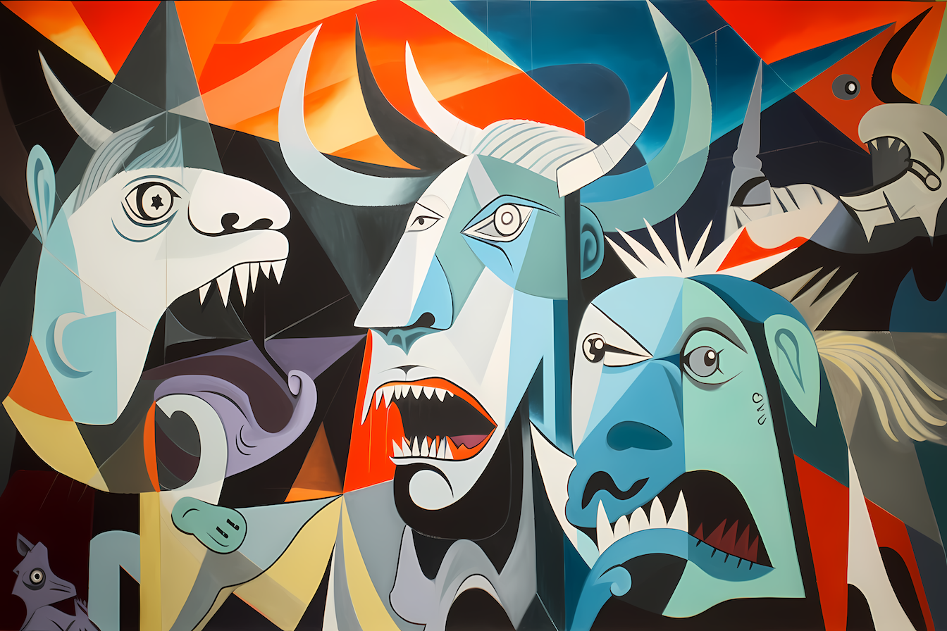 Striking cubist composition with fragmented faces, sharp angles, and dynamic contrasts in bold colors – digital art for Samsung Frame TV