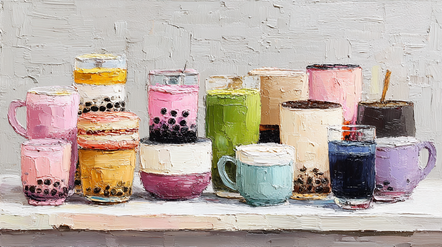 Pink Boba Parade impasto art displayed on Samsung Frame TV - 4K digital download featuring rows of pink boba tea cups in blush and mauve palette