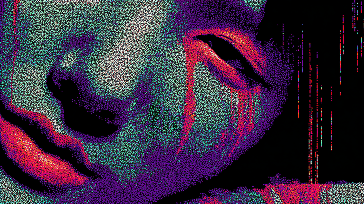 Pixel Dissolution glitch portrait displayed on Samsung Frame TV - 4K digital download featuring female face dissolving into neon pink and crimson scan lines against deep amethyst