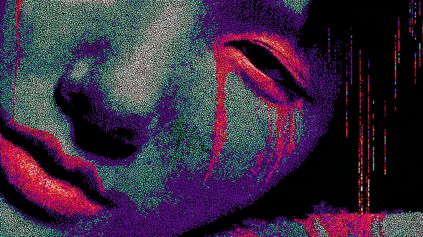 Pixel Dissolution glitch portrait displayed on Samsung Frame TV - 4K digital download featuring female face dissolving into neon pink and crimson scan lines against deep amethyst
