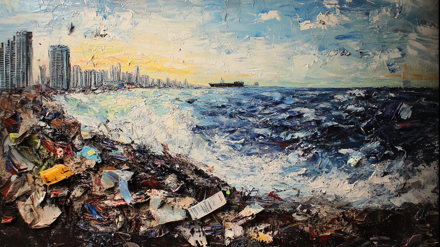 Plastic Tide digital artwork showing a golden coastal skyline with thick oil textures and visible pollution debris, formatted for Samsung Frame TV.