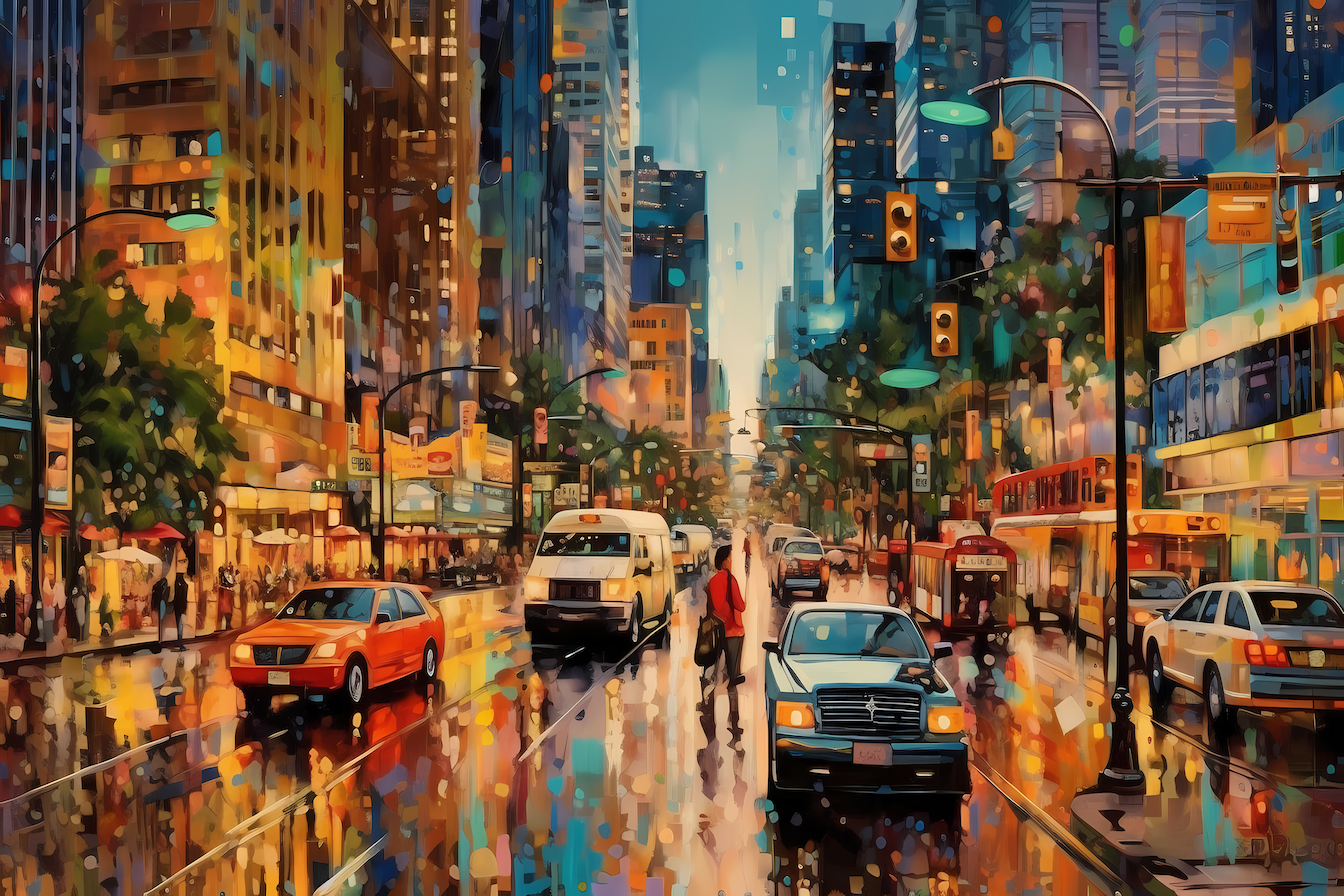 Dynamic neon lights pulsing through modern architecture – vibrant cityscape for Samsung Frame TV