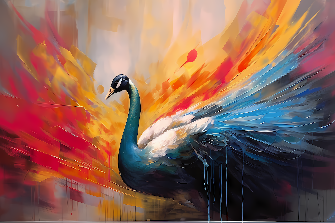 Dynamic peacock feathers bursting with vibrant energy and movement – bold artistic digital artwork for Samsung Frame TV