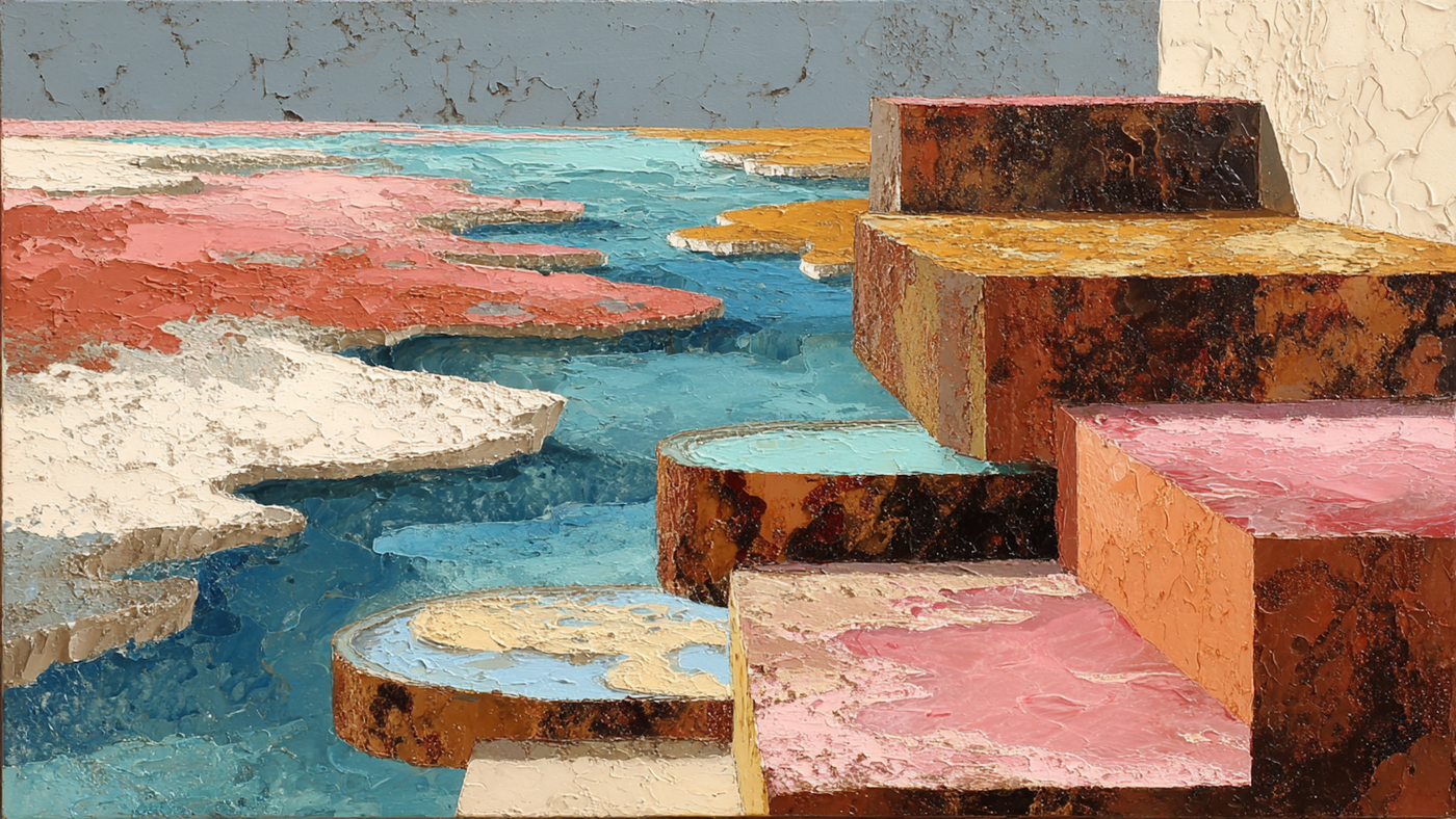 Contemporary geometric abstract art with coral and turquoise layers in cascading rectangular forms for Samsung Frame TV and HiSense CanvasTV display