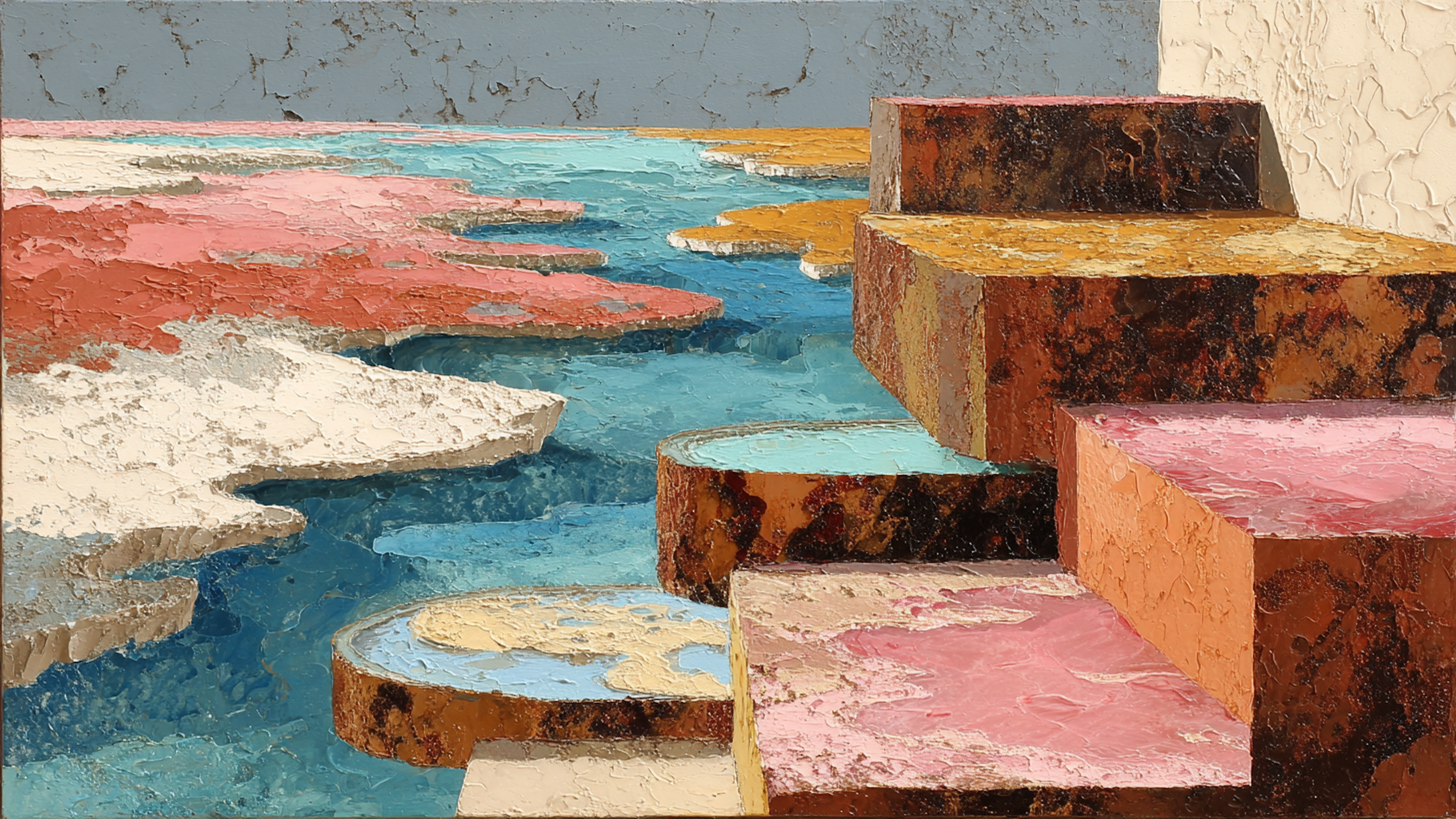 Contemporary geometric abstract art with coral and turquoise layers in cascading rectangular forms for Samsung Frame TV and HiSense CanvasTV display