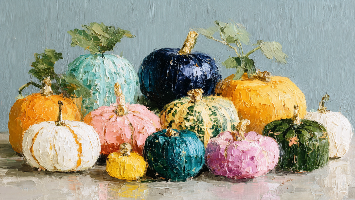 Pumpkin Patch Palette harvest still life displayed on Samsung Frame TV - 4K digital download featuring colorful decorative pumpkins and gourds in teal, pink, white, yellow, and orange arranged on stone surface