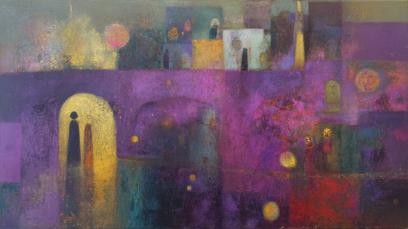 Abstract purple cityscape with ethereal architectural forms and mystical urban atmosphere in amethyst tones – digital art for Samsung Frame TV