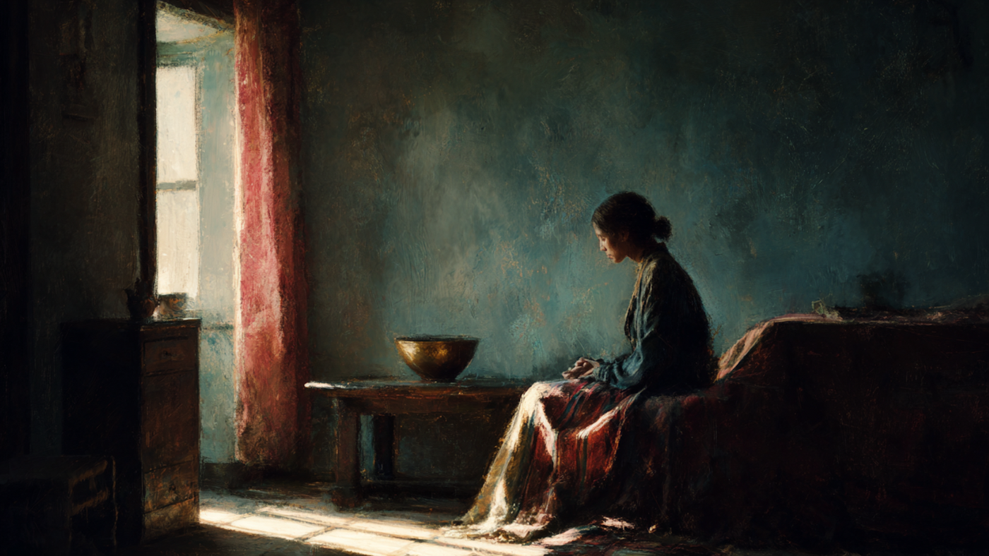 Quiet Contemplation interior artwork displayed on Samsung Frame TV showing solitary figure by window in soft natural light with stone and linen tones