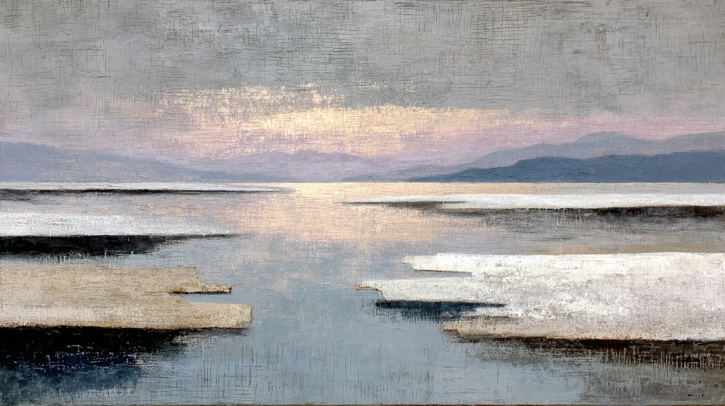 Minimalist seascape with gentle waters and peaceful harbor atmosphere in soft gray and blue contemplative tones – digital art for Samsung Frame TV