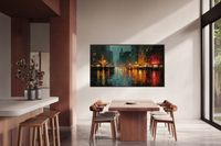 Rain Glow rainy city street at night displayed on Samsung Frame TV - 4K digital download featuring wet pavement reflections in rich amber and terracotta orange tones