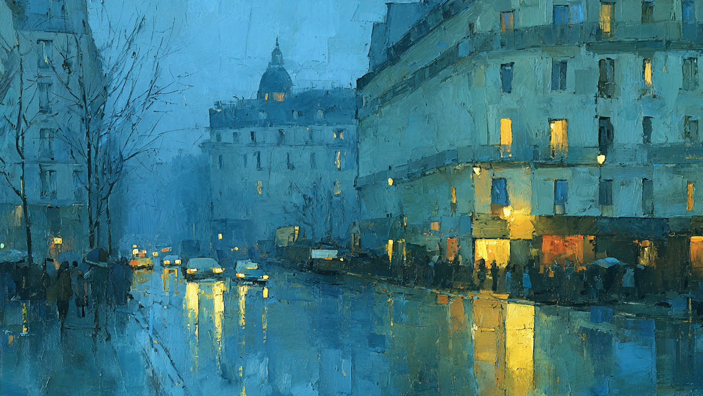 Rainy Paris Boulevard Reflections cityscape on Samsung Frame TV - 4K digital download featuring wet Parisian street with golden lights against gray-blue buildings