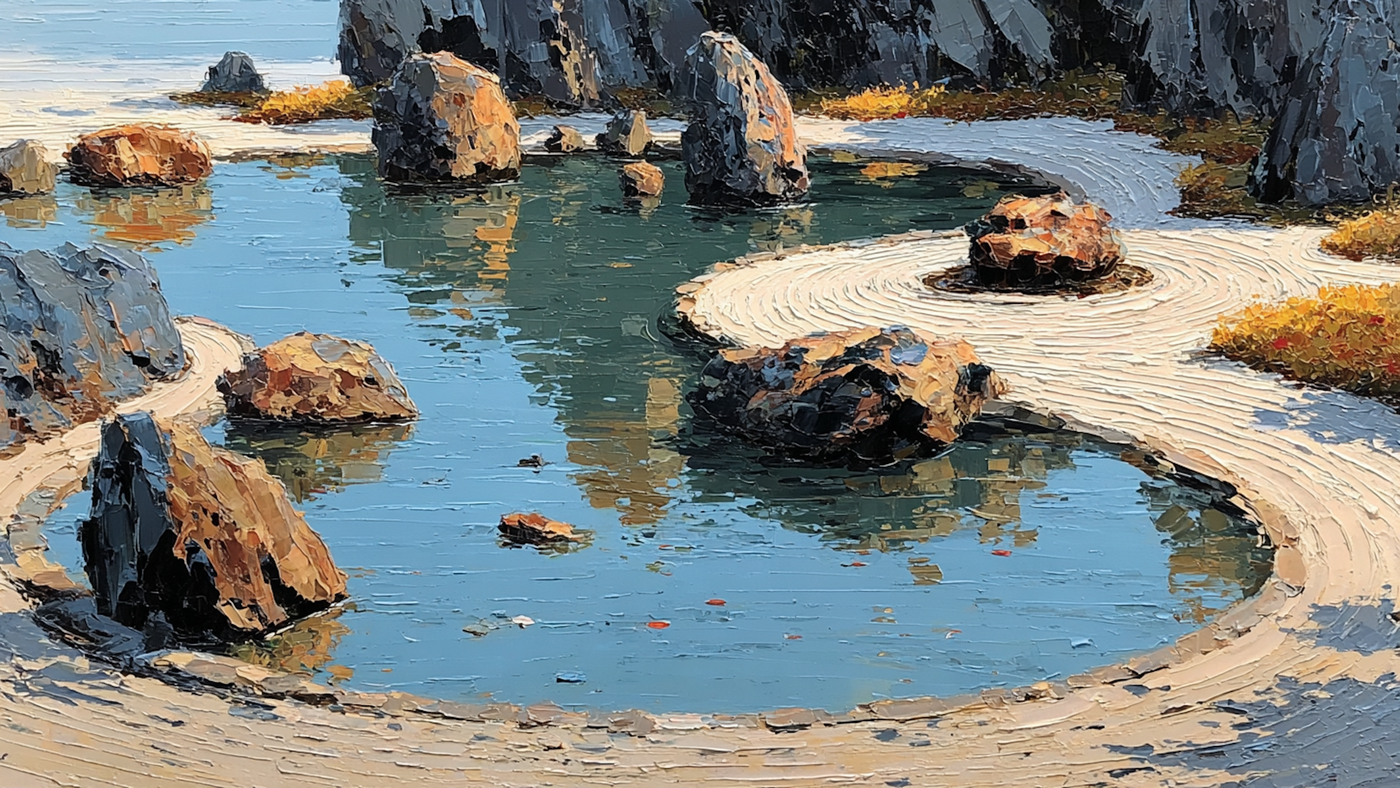 Raked Silence Japanese rock garden oil painting displayed on Samsung Frame TV - 4K digital download featuring zen gravel patterns in warm stone and linen neutral palette